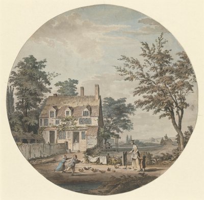 Landschap met huisje, brug en figuren door Samuel Hieronymus Grimm