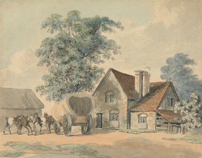 Paarden en wagen buiten een huisje door Samuel Howitt