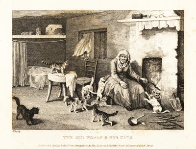 Oude heks zit bij de haard in een hut omringd door katten. 1811 (ets) door Samuel Howitt