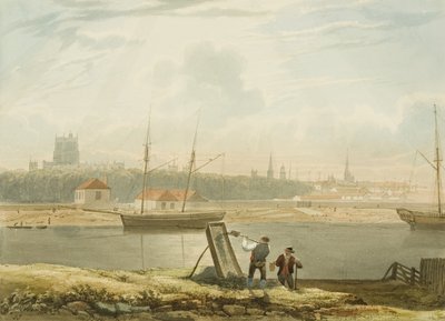 Zicht over de drijvende haven met de kathedraal en stadskerken, ca. 1825 door Samuel Jackson