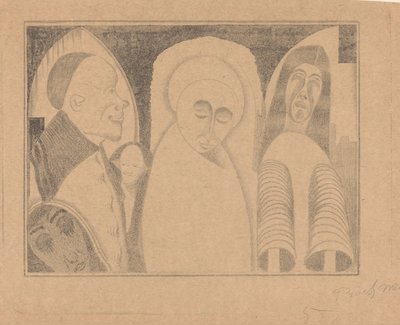 Fantasie: diverse figuren, de meest rechter met mouwen als kokers door Samuel Jessurun de Mesquita