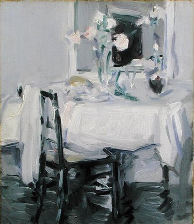 Een interieur met rozen in een vaas op een tafel door Samuel John Peploe