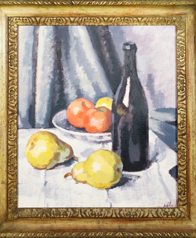 Appels, peren en een zwarte fles op een gedekte tafel, ca. 1928 door Samuel John Peploe