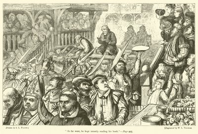 Terwijl hij ging, bleef hij aandachtig zijn boek lezen door Samuel Luke Fildes