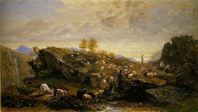 Rustieke figuren met schapen en geiten in een rotsachtig landschap door Samuel Palmer