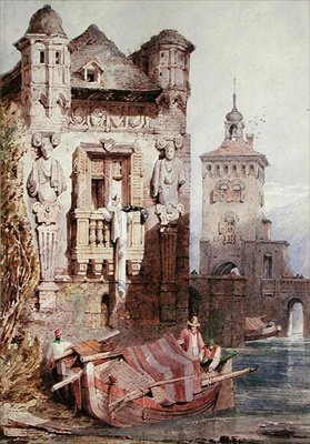 Figuren in een boot met gebouwen door Samuel Prout