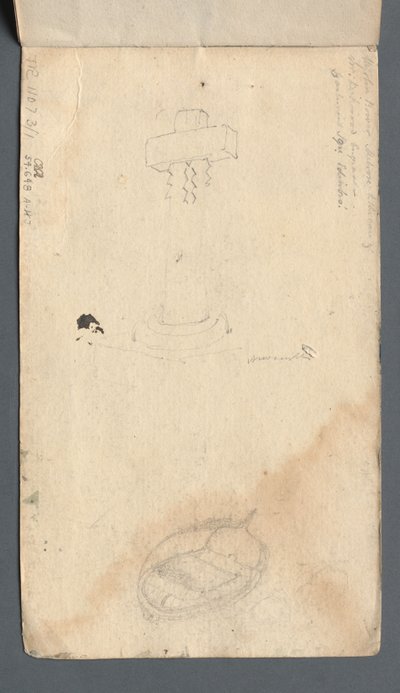 Schetsboek: Studie van kruis en roeiboot op achteromslag, 1814 door Samuel Prout