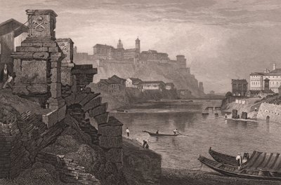 De Tiber met de Aventijn op de achtergrond, Rome, Italië, gravure naar tekening van Samuel Prout door Samuel Prout