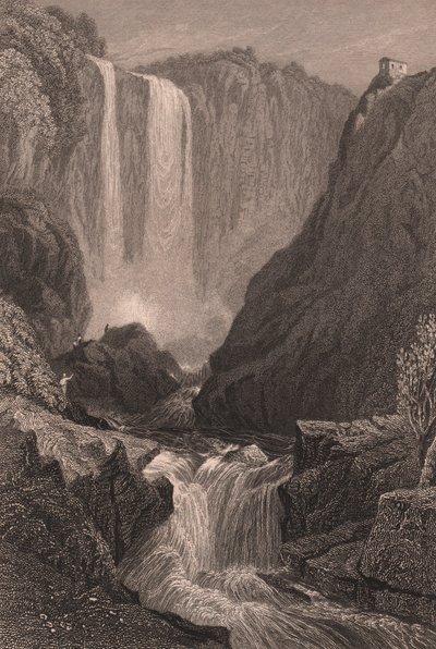 Uitzicht op de watervallen van Marmore nabij Terni, Umbrië, Italië, staalgravure naar tekening van Samuel Prout, circa 15x11.5 cm door Samuel Prout