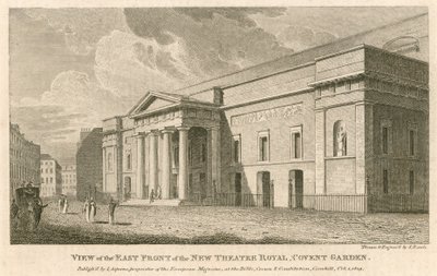 Uitzicht op de oostelijke gevel van het nieuwe Theatre Royal, Covent Garden, Londen door Samuel Rawle
