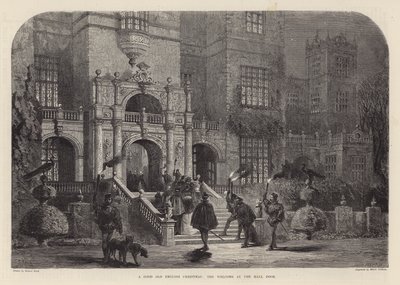 Een goed oud Engels kerstfeest: het welkom bij de haldeur (gravure) door Samuel Read