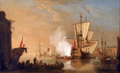 Brits oorlogsschip vuurt het kanon af ter begroeting, bij aankomst in de haven, waarvan de gebouwen een haven in de Middellandse Zee oproepen. Olie op doek, circa 1765, door Samuel Scott (1702-1772) door Samuel Scott