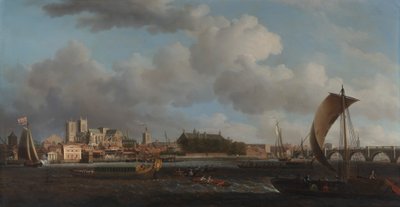 Westminster vanuit Lambeth, met de Ceremoniële Barge van de Ironmongers