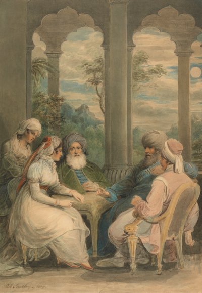 Prins Rasselas en zijn zus praten in hun zomerpaleis aan de oevers van de Nijl door Samuel Shelley