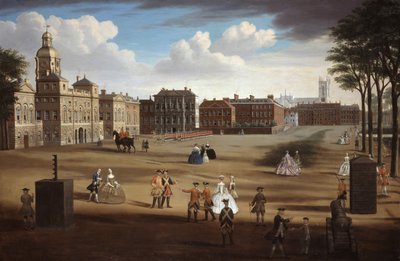 Een Uitzicht op de Westelijke Voorzijde van Horse Guards met de Schatkist en Downing Street daarachter, c.1758 door Samuel Wale