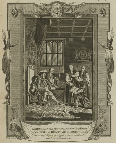 Lord Cromwell presenteert een nieuwe vertaling van de Bijbel aan koning Hendrik VIII in Londen in het jaar 1538 door Samuel Wale
