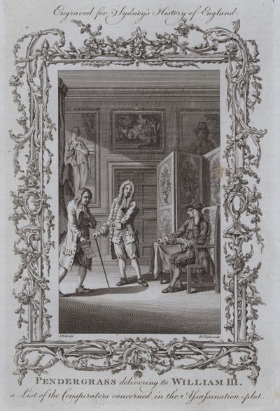 Pendergrass overhandigt aan Willem III een lijst van de samenzweerders betrokken bij het moordcomplot door Samuel Wale