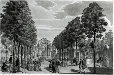De triomfbogen, standbeeld van Handel in de zuidelijke wandelgang van Vauxhall Gardens, gegraveerd door John S. Muller door Samuel Wale