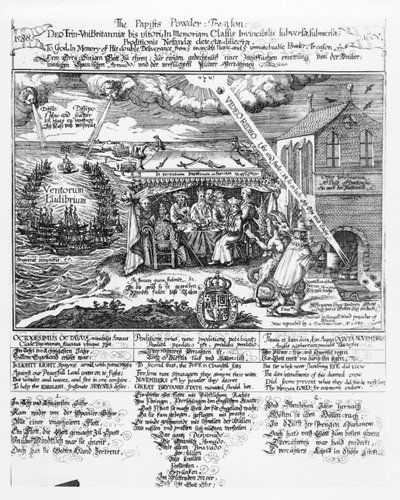 Aan God, ter Nagedachtenis aan zijn Dubbele Bevrijding van de Onoverwinnelijke Vloot (1588) en het Onvergelijkbare Kruitverraad (1605), (gravure) herdrukt door een Transmariner, 1689 door Samuel Ward