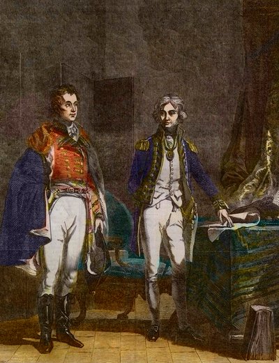 Een ontmoeting tussen generaal-majoor Sir Arthur Wellesley (Hertog van Wellington) en vice-admiraal Horatio Nelson, september 1805, gegraveerd door Samuel William Reynolds (1794-1872) naar John Prescott Knight (1803-1881) door Samuel William I Reynolds