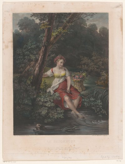 Jonge vrouw met bloemenkrans en voeten in het water door Samuel William Reynolds (I)