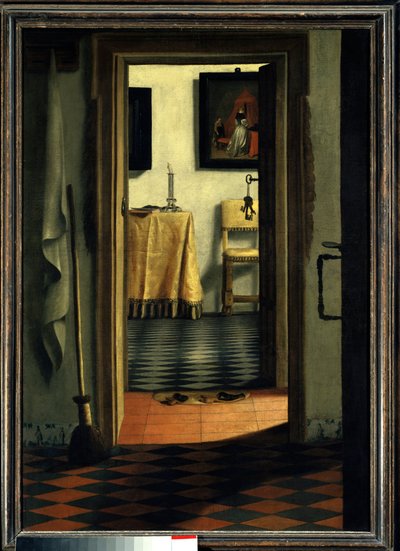 De pantoffels Een interieur van een huis in Holland - Schilderij door Samuel Hoogstraten (1626-1678) 17e eeuw Parijs, Louvre Museum door Samuel van Hoogstraten