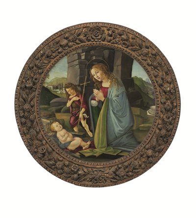De Madonna die het Christuskind aanbidt met de jonge Johannes de Doper (tempera en olieverf op paneel) door Sandro (and workshop) Botticelli