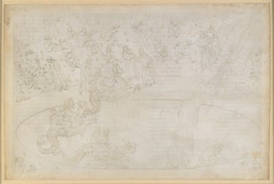 La Divina Commedia, Inferno XVII. Vergilius en Dante in de zevende cirkel van de hel, 3e zone: daders van geweld tegen de goddelijke orde in de vlammenwoestijn, bestraffing van de woekeraars; afdaling naar de diepte op de rug van Geryon door Sandro Botticelli