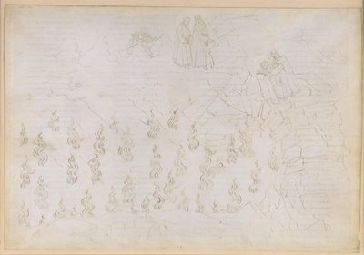 La Divina Commedia, Inferno XXVI. Vergilius en Dante in de achtste cirkel van de hel (Malebolge), 8e bolgia: de straf voor de valse raadgevers; gesprek met Odysseus door Sandro Botticelli