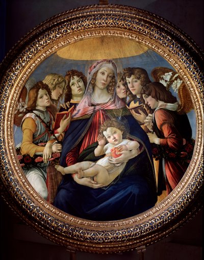 Maagd en Kind en Zes Engelen, genaamd Madonna della Melagrana of Melograno door Sandro Botticelli