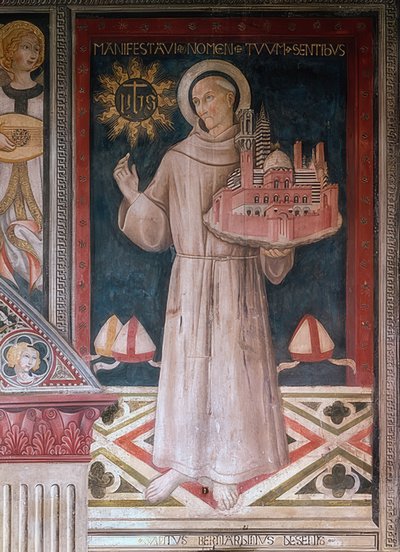 De heilige Bernardinus van Siena met een model van de stad Siena door Sano di Pietro