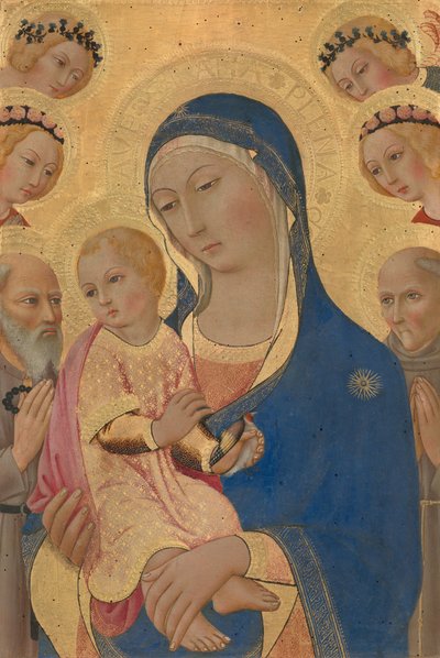 Madonna en Kind met Sint Hiëronymus, Sint Bernardinus en engelen, ca. 1460-1470 door Sano di Pietro