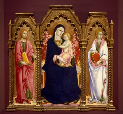 Madonna en Kind met Heiligen Jacobus Major en Johannes de Evangelist, altaarstuk door Sano di Pietro