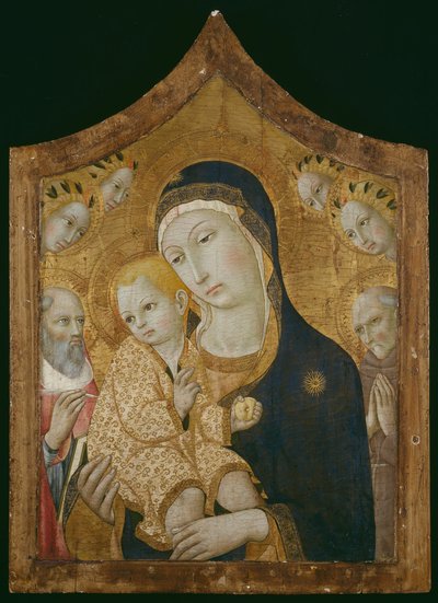 Maagd en kind met de heiligen Hiëronymus, Bernardinus van Siena en engelen door Sano di Pietro