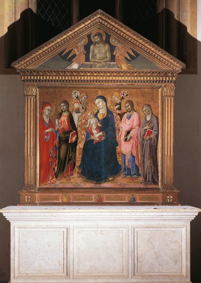Madonna en Kind met Heiligen en Christus in Pieta door Sano di also Ansano di Pietro di Mencio Pietro