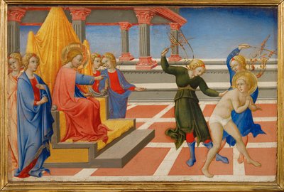 De heilige Hiëronymus droomt dat Christus zijn geseling laat uitvoeren door twee engelen ... door Sano di also Ansano di Pietro di Mencio Pietro