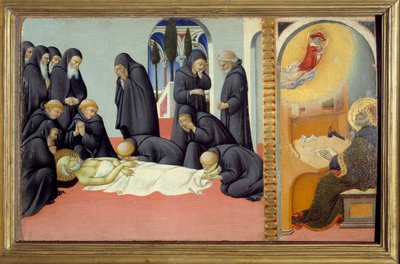 Scène uit het leven van Sint Hiëronymus: De dood van Sint Hiëronymus en zijn verschijning aan Sint Augustinus door Sano di also Ansano di Pietro di Mencio Pietro