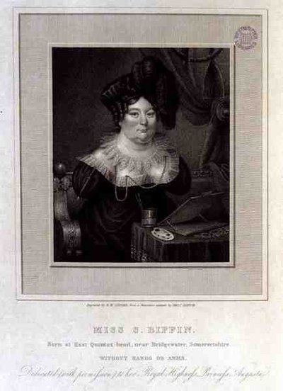 Miss S. Biffin, Geboren in East Quantox-head, nabij Bridgewater, Somersetshire, Zonder Handen of Armen, gegraveerd door R.W. Sievier door Sarah (after) Biffin