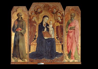 De maagd en het kind omringd door zes engelen. Rondom: Sint Antonius van Padua en Sint Johannes de Evangelist door Sassetta (c.1392 1450)