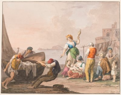 Waterverf; Aan de kust in Chiaja door Saverio della Gatta