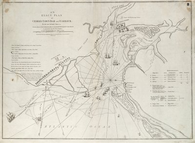 Een exacte kaart van Charles Town bar en haven, van een daadwerkelijke survey met de aanval op Fort Sullivan, op 28 juni 1776, door het eskader van Zijne Majesteit onder bevel van Sir Peter Parker door Sayer & Bennett