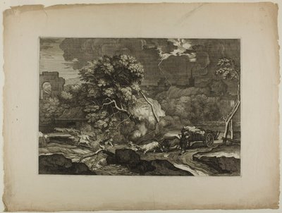 Kar getrokken door twee paar ossen in een storm door Sébastien Bourdon