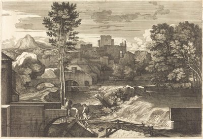 Landschap met Twee Figuren op een Brug door Sébastien Bourdon