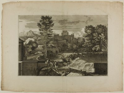 Waterval bij een stenen brug, met kasteel in de verte door Sébastien Bourdon
