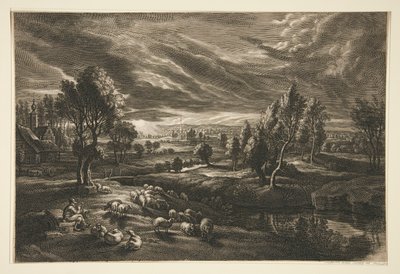 Herder en schapen bij zonsondergang door Schelte Adams Bolswert