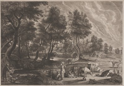 Boerderijlandschap met Jagers en Melkmeisjes door Schelte Adams Bolswert, after Sir Peter Paul Rubens