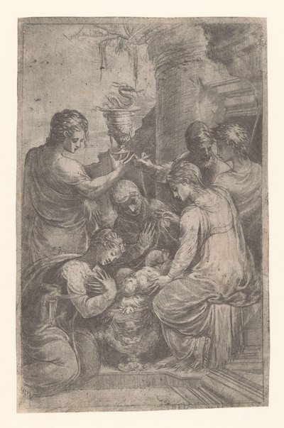 Christus in de kribbe met heiligen door Schiavone
