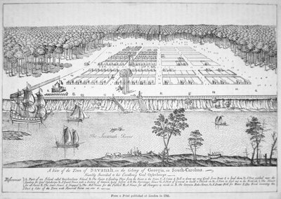 Een uitzicht op Savannah, Georgia in 1741 door School American
