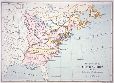 Kaart van de Koloniën van Noord-Amerika ten tijde van de Onafhankelijkheidsverklaring door School American