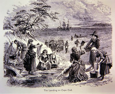 Pilgrim Fathers landen in Amerika in 1620 - De landing bij Cape Cod toont vrouwen aan het werk door School American